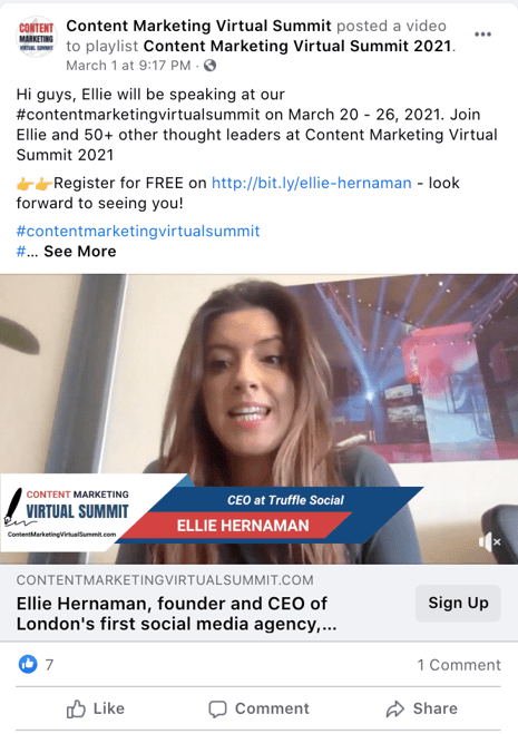 Content Marketing Virtual Summit's Facebook video highlighting Ellie, a speaker for their Content Marketing Virtual Summit